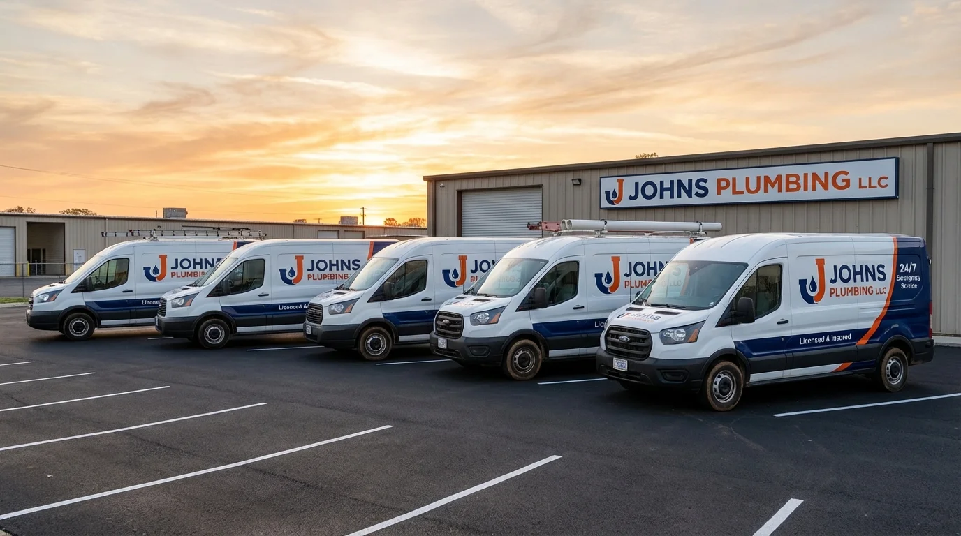Johns Plumbing LLC fleet of service vans ready for dispatch across Connecticut